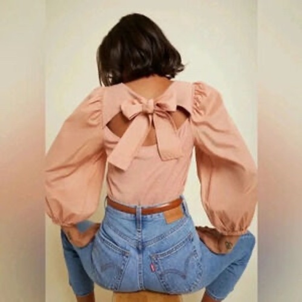 Nation LTD shalom Pima Cotton Puff Sleeve Bow Back Top Dusty Rose Medium NEW - Picture 3 of 7